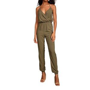 Lulu's Learning to Fly Olive Green Boho Casual Halter Jumpsuit Size Large